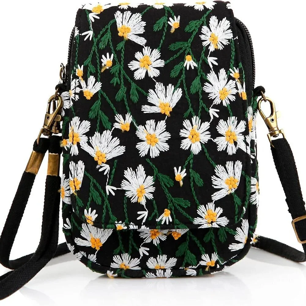 Embroidered Canvas Mini Crossbody Bag for Women Small Wallet Pouch Travel
